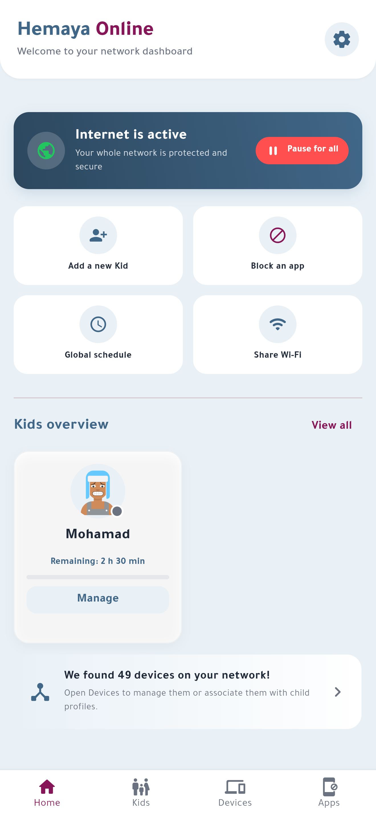 HemayaOnline dashboard showing internet controls and kids overview